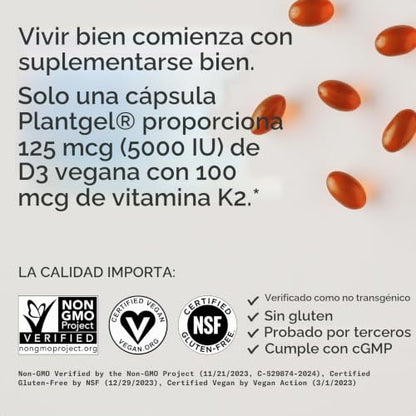 Sports Research D3 + K2 Vegana – 5.000 UI / 100 mcg – 120 cápsulas