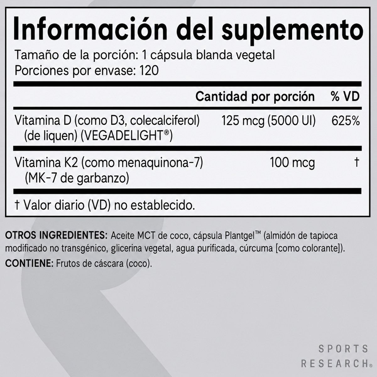 Sports Research D3 + K2 Vegana – 5.000 UI / 100 mcg – 120 cápsulas