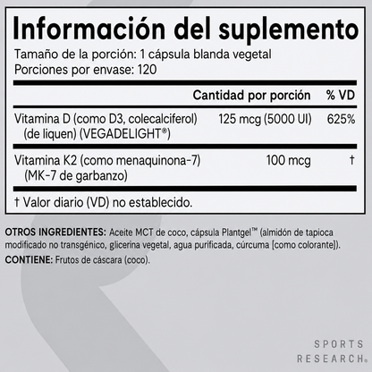 Sports Research D3 + K2 Vegana – 5.000 UI / 100 mcg – 120 cápsulas